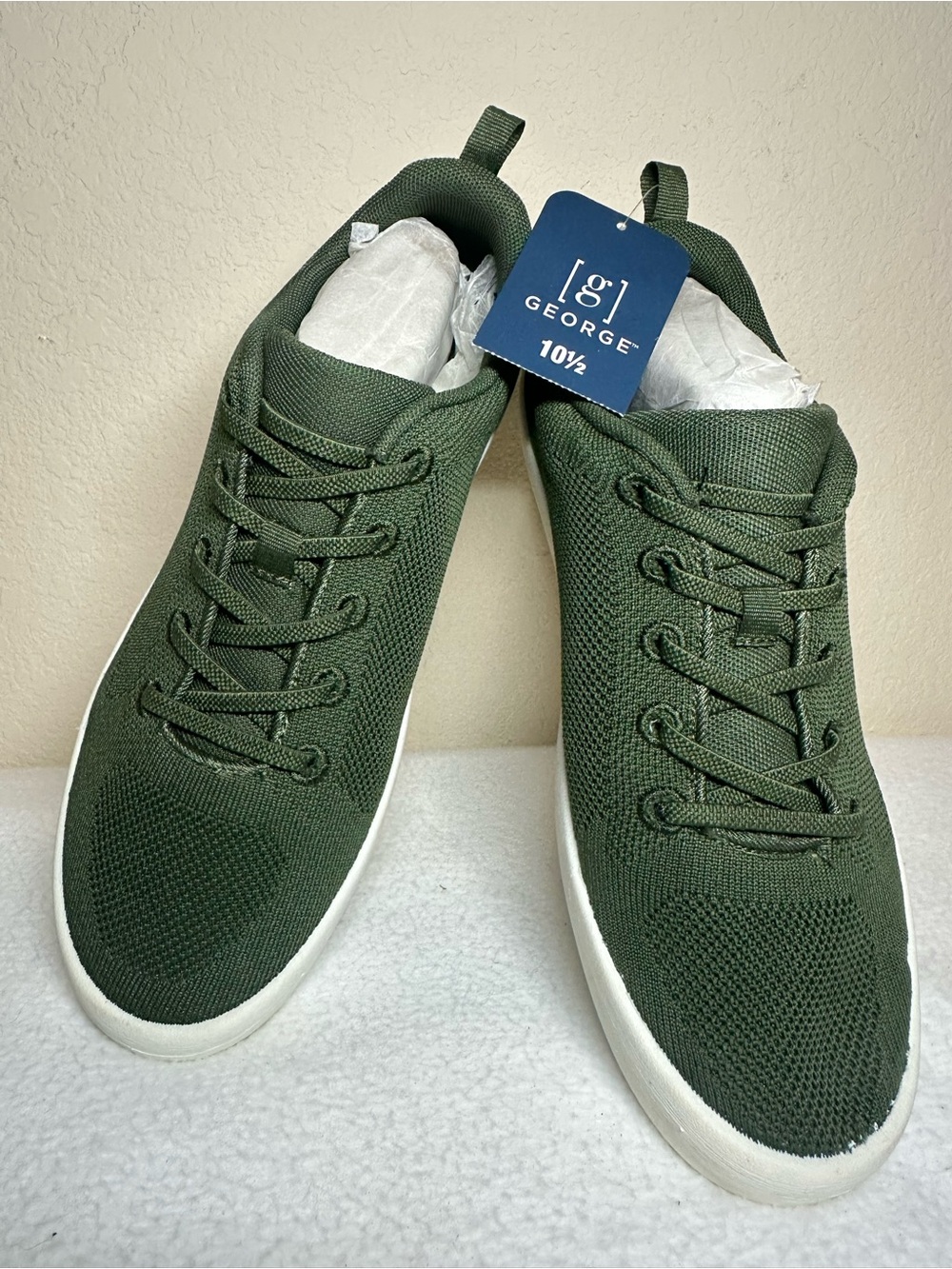 George Men's Olive Green Knit Lace-Up Sneakers with White Sole